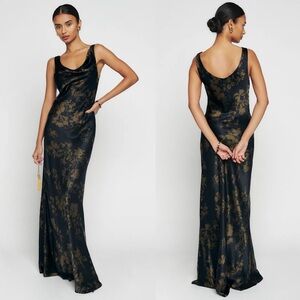 Reformation Annabelle Silk Floral Gown Maxi Dress Night Garden Black Brown